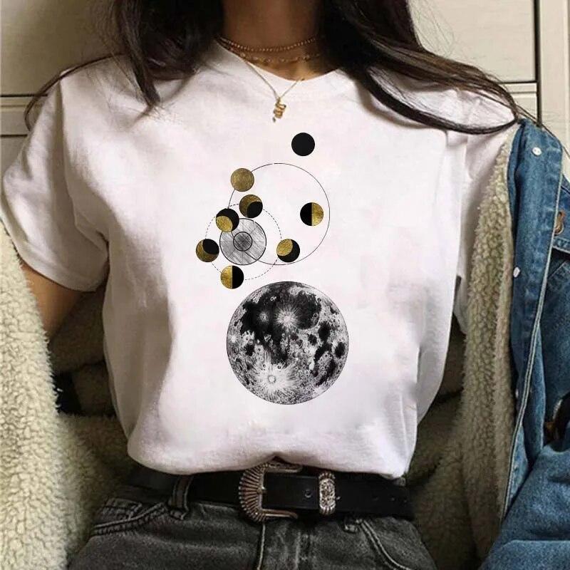 Casual Women's Round Neck T-shirt Lunar Eclipse Printed Women's T-shirt New Eclipse of the Moon Moon Style Women's White T-shirt