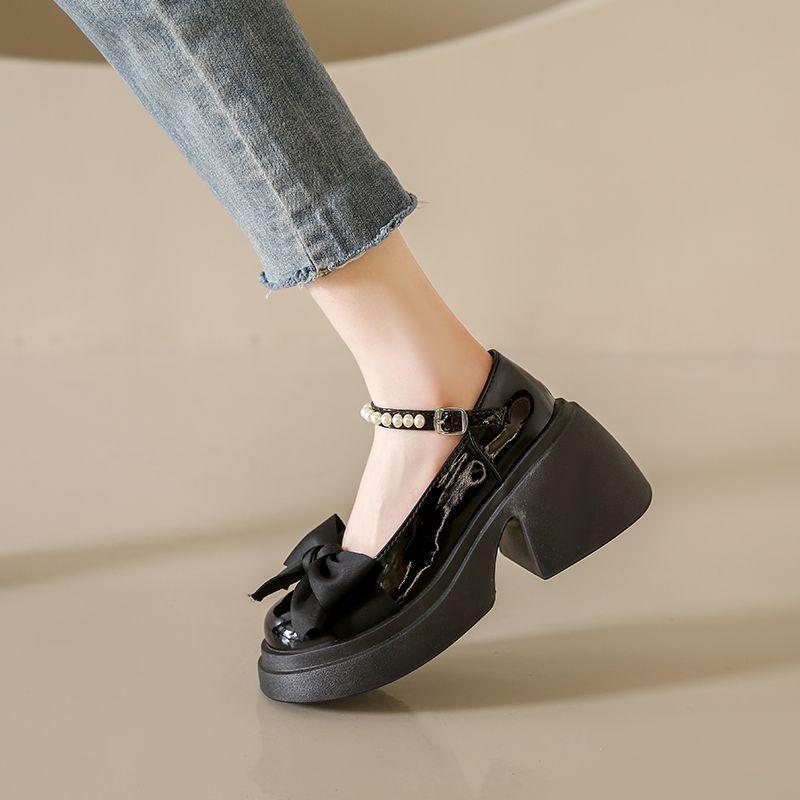 Mary Jane Shoes Women's Spring New Fashion High-heeled Bow Platform Thick Heel Pearl with Skirt Small Leather Shoes