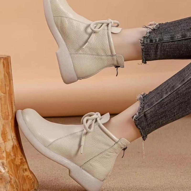 Натуральная кожа Удобные плоские короткие ботинки Мягкая поверхность Мягкая подошва Удобные Универсальные женские кожаные ботинки Воловья кожа Нескользящие ботинки 35-41