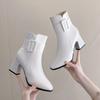 White Ankle Boots for Women Thick High Heel Round Toe Elegant Short Booties Women's Buckle Decoration Pumps Botas Femininas
