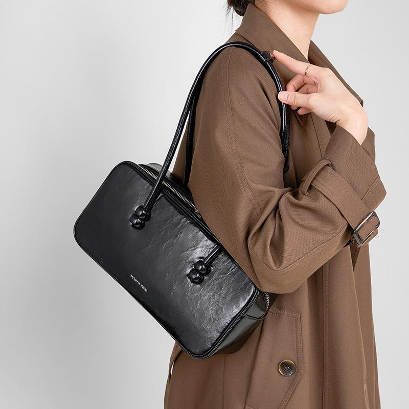 Bowling Bag for Women Genuine Leather Shoulder Bag Underarm Tote Handbag Large Capacity Versatile 30x16x9cm