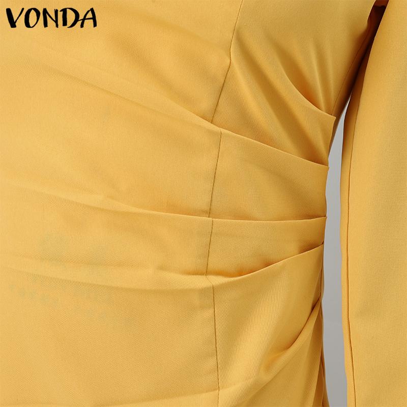 VONDA Женские элегантные платья с V-образным вырезом, плиссировкой и длинными рукавами, оборками по подолу