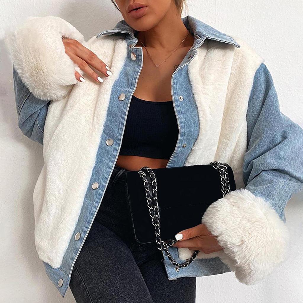Fashion Women Casual Plush Patchwork Cardigan Outerwear Denim Jacket Coat