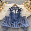 Ayollar Yozgi To'rli Mesh Puf Uzun Yengli Bluzka Vintage Bluzkalar Elegant Koreys Toplari Ko'ylaklar Kiyim