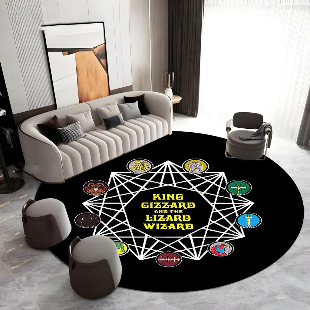 Round Rug - Psychedelic Band Logo with Album Symbols, Black & Yellow Retro Carpet, Non-Slip Music Lover Floor Mat
