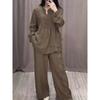 2024 Autumn Cotton Linen Drawstring Wide Leg Pants Set with Long Sleeve Half Placket Top