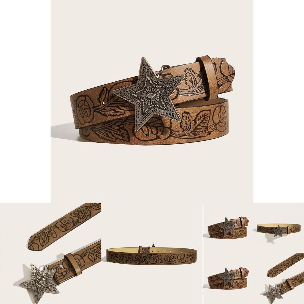 Womens Star Pattern Faux Leather Belt With Alloy Snap Buckle For Casual Wear