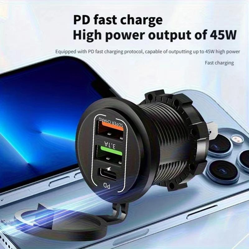 NEW 4 Ports Dual PD Dual QC 3.0 USB Car Charger with Voltmeter Socket Power Outlet Adapter Waterproof for 12V/24V Car Boat