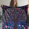 1pc Floral Tree Blanket with Heart Decorations - Dark Blue Floral pattern Throw - Soft Flannel All-Season Couch Bed Travel Campi