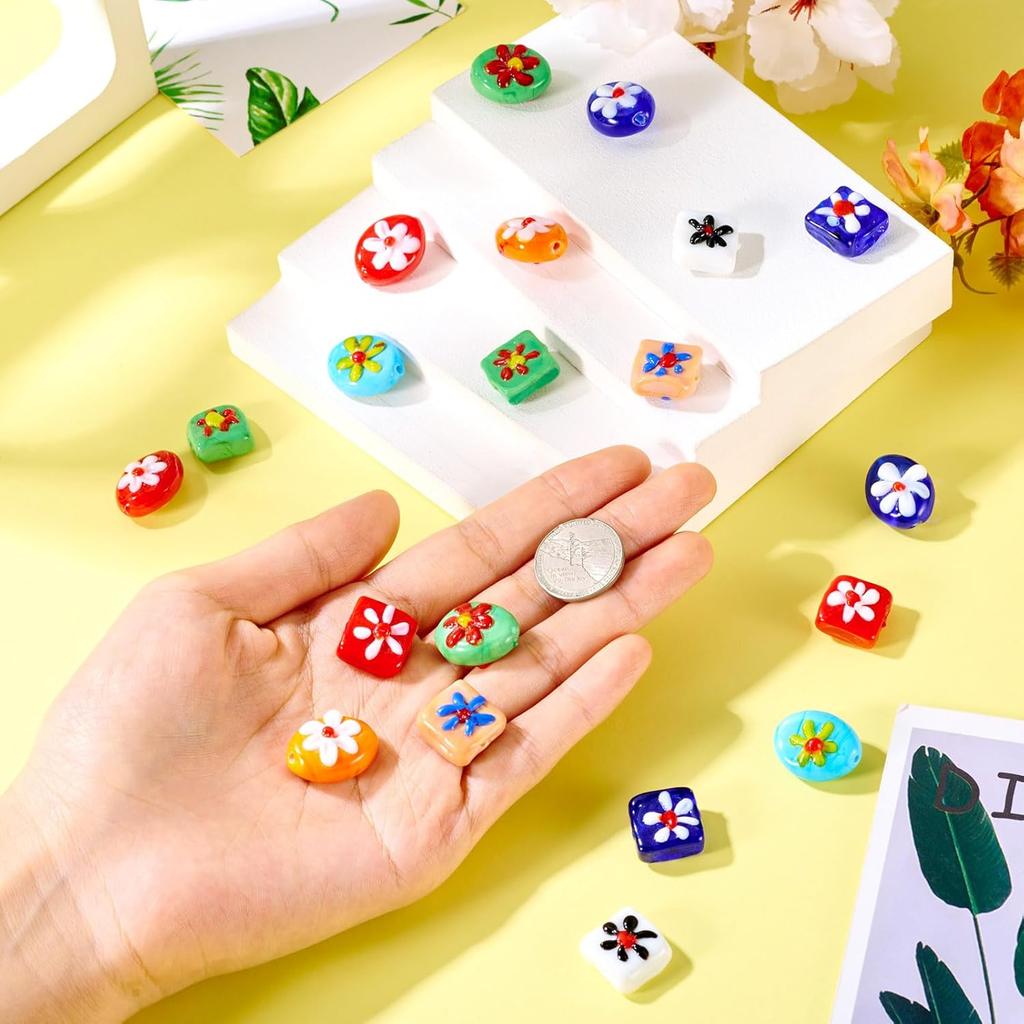 20 шт. Овальные квадратные бусины лэмпворк ручной работы с цветочным узором, разноцветные стеклянные бусины лэмпворк миллефиори, милые цветочные плоские овальные кубические бусины-разделители для DIY