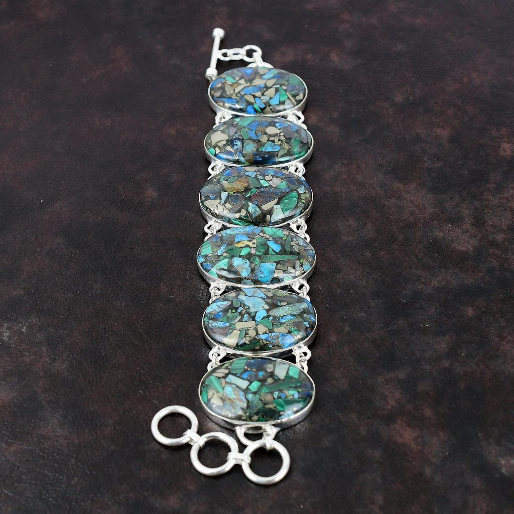 Медный браслет из азурита и малахита, браслет из стерлингового серебра 925 пробы, регулируемый браслет-цепочка ручной работы, подарок для друга, красивые ювелирные изделия из драгоценных камней