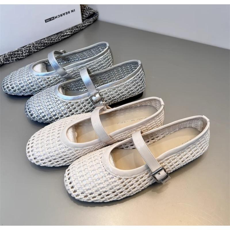 Fashion Women's Summer Weaving Casual Flats Shoes Comfortable Round Toe Cut-out Mary Jane with Straight Buckles Fishnet Sandals