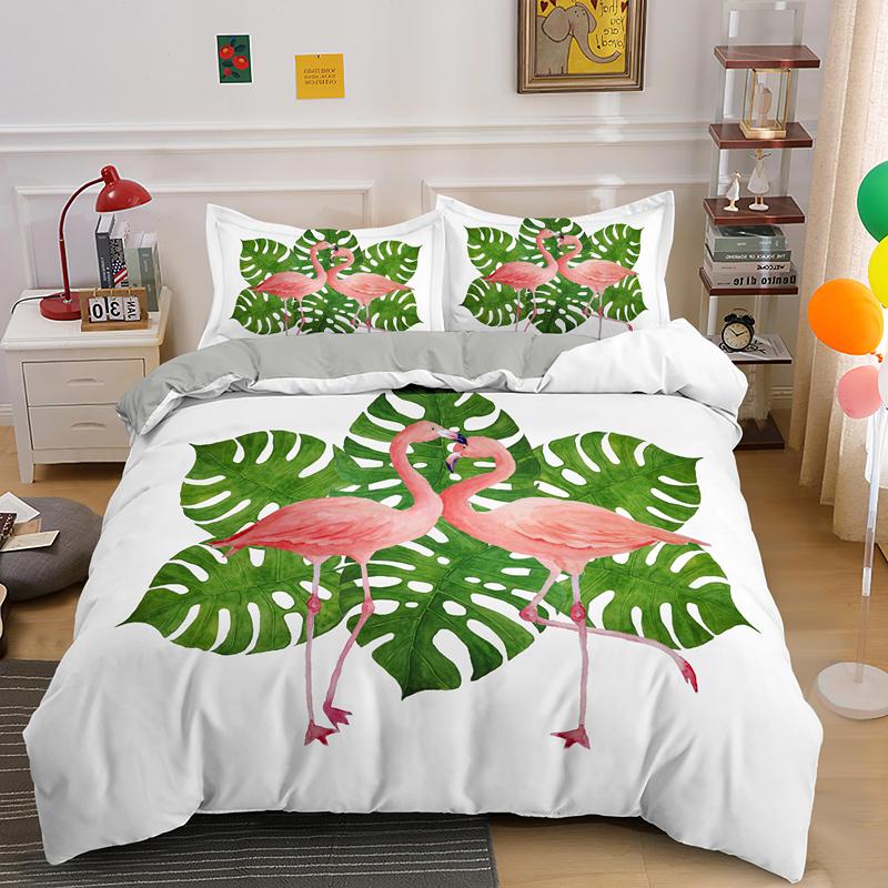 Animal Flamingo King Queen Duvet Cover Cartoon Pink Tropical Bird Bedding Set For Kids Teens Aduls Blue Soft 2/3pcs Quilt Cover