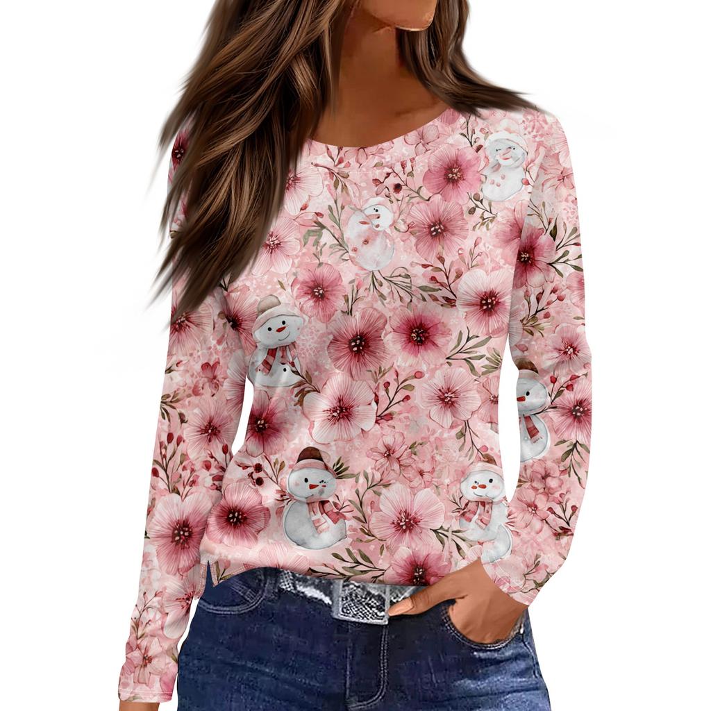 Women's Fashion Casual Slit Hem Round Neck Long Sleeve Loose Printed T-Shirt Top