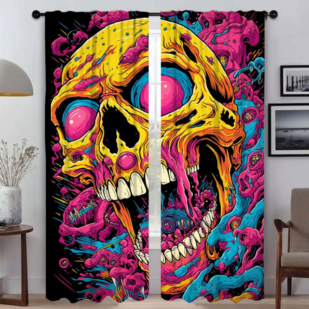 Musical Skull Kitchen Curtains for Living Room Home Interior Curtains 2 Pieces Partition Window Curtain Shades Tulle for Bedroom