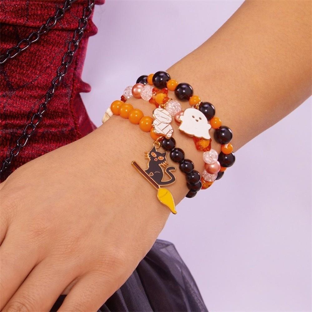 3pcs Haunted House Pumpkin Pendant Bracelet Gothic Style Colorful Beaded Bracelet Gifts