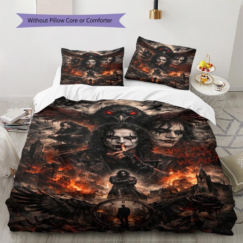 The Crow Movie Bedding Set, Dark Gothic Fire Poster Duvet Cover Set, 3Pcs Bed Set with 2 Pillowcases for Fan Bedroom Decor, No Comforter