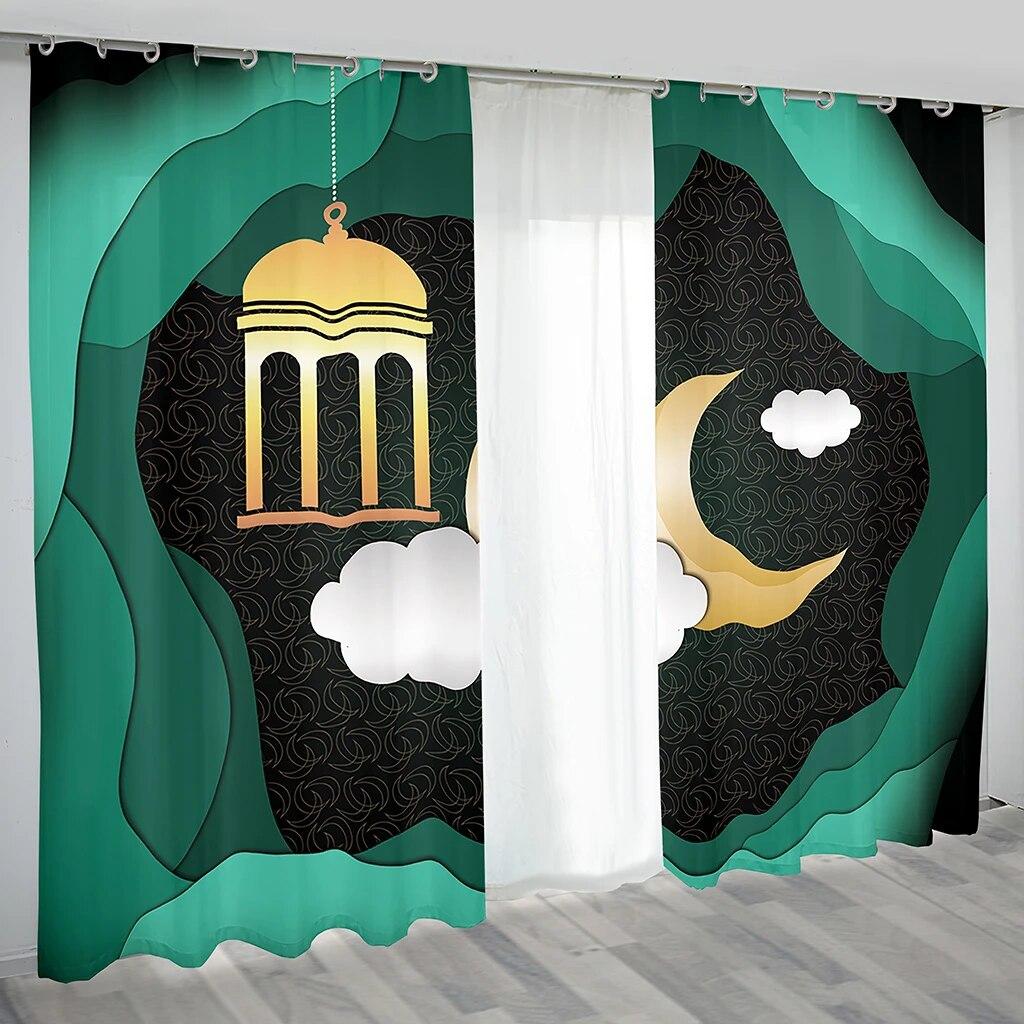 2 шт. занавеска для исламского фестиваля Рамадан, празднующего Мубарака, лунная лампа, городская ночная сцена, занавеска с узором для спальни, окон