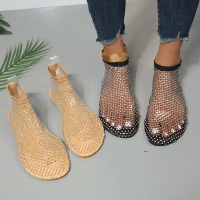 Новые летние удобные сетчатые дышащие плоские сандалии, модные и элегантные пляжные повседневные женские туфли со стразами