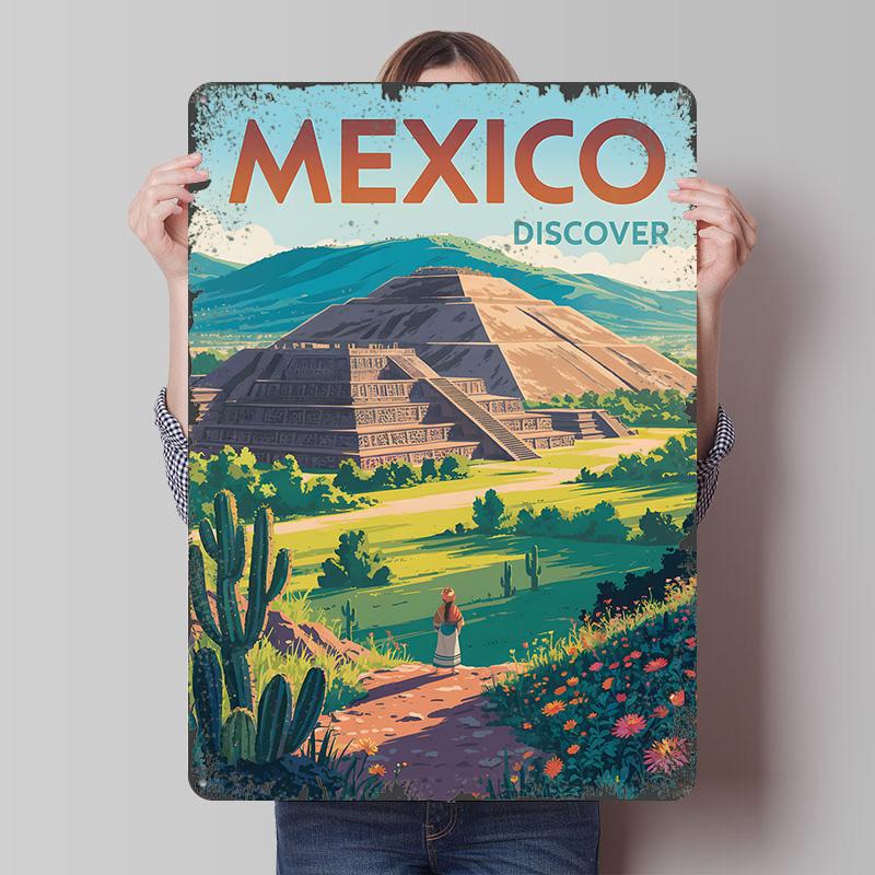Mexico Travel Teotihuacan Pyramid Printed Poster Customized Wall Art Retro Vintage Metal Tin Signs for Gamer Room Decoration