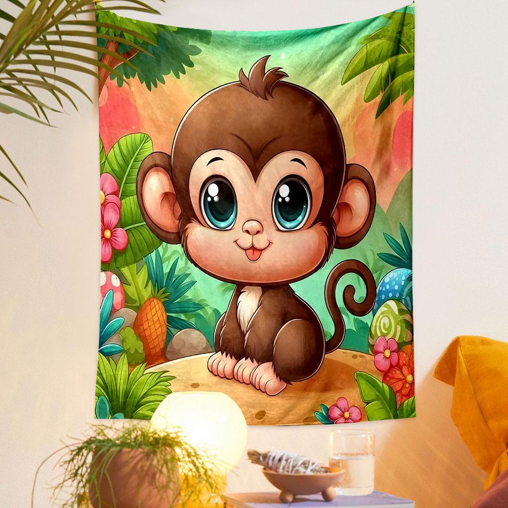 Cute Cartoon Monkey in Jungle Scene Patterned Tapestry Decorative Wall Hanging, Home Bedroom Living Room Decor