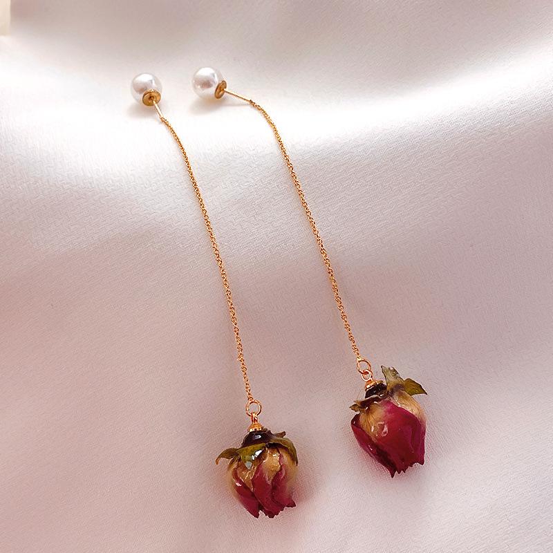 Silver Needle Preserved Flower Earrings - Korean Dongdaemun Style, Super Fairy Dangle Design, Net Red Fashion for Women.