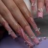 3D Three-dimensional European and American Style Nails Silver Butterfly Glitter Fake Nails Pink Flower Pearl Nail Art