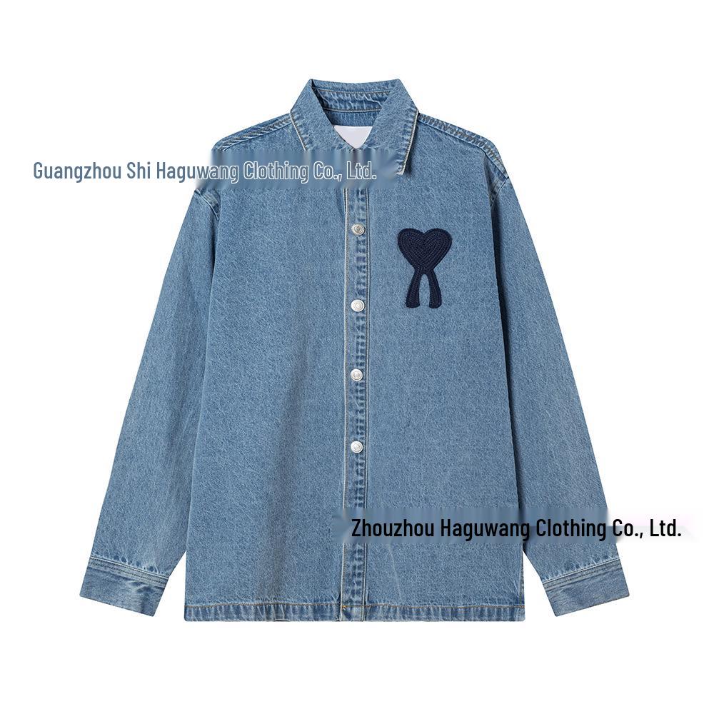 AMI CLAMS 25 Весна/Осень Джинсовая куртка с вышивкой в виде сердца - Унисекс Свободный крой Повседневная