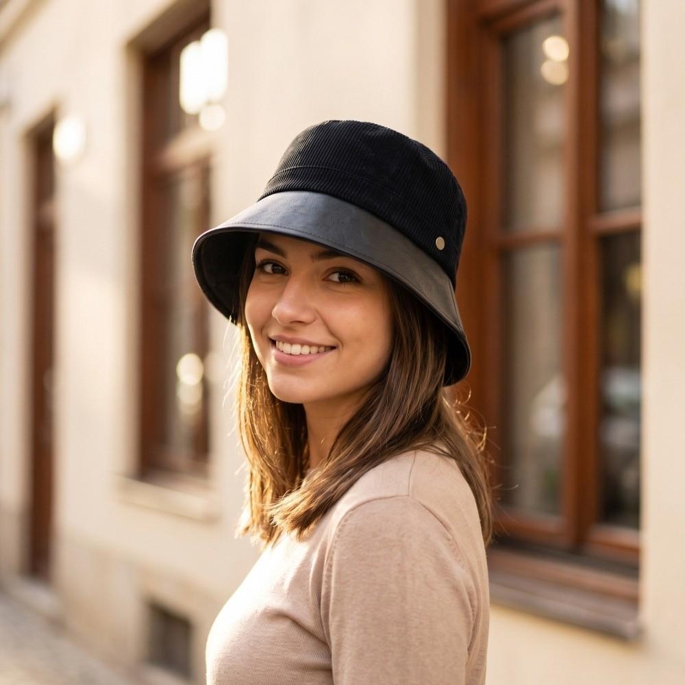Versatile Bucket Hat Faux Leather Wide Brim Hat Fashion Fisherman Hat  Daily Casual
