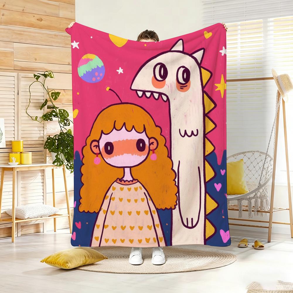 Painting Monster And Girl Throw Lightweight g Flannel Blanket Soft Skinfriendly for Summer Cooling