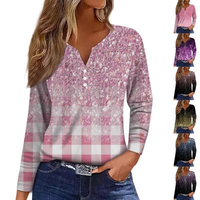 Жен. Футболка Футболка Пуговицы Цветочный принт Длинный рукав Повседневные Выходные Мода Классический Классический V-образный вырез Обычный Топ