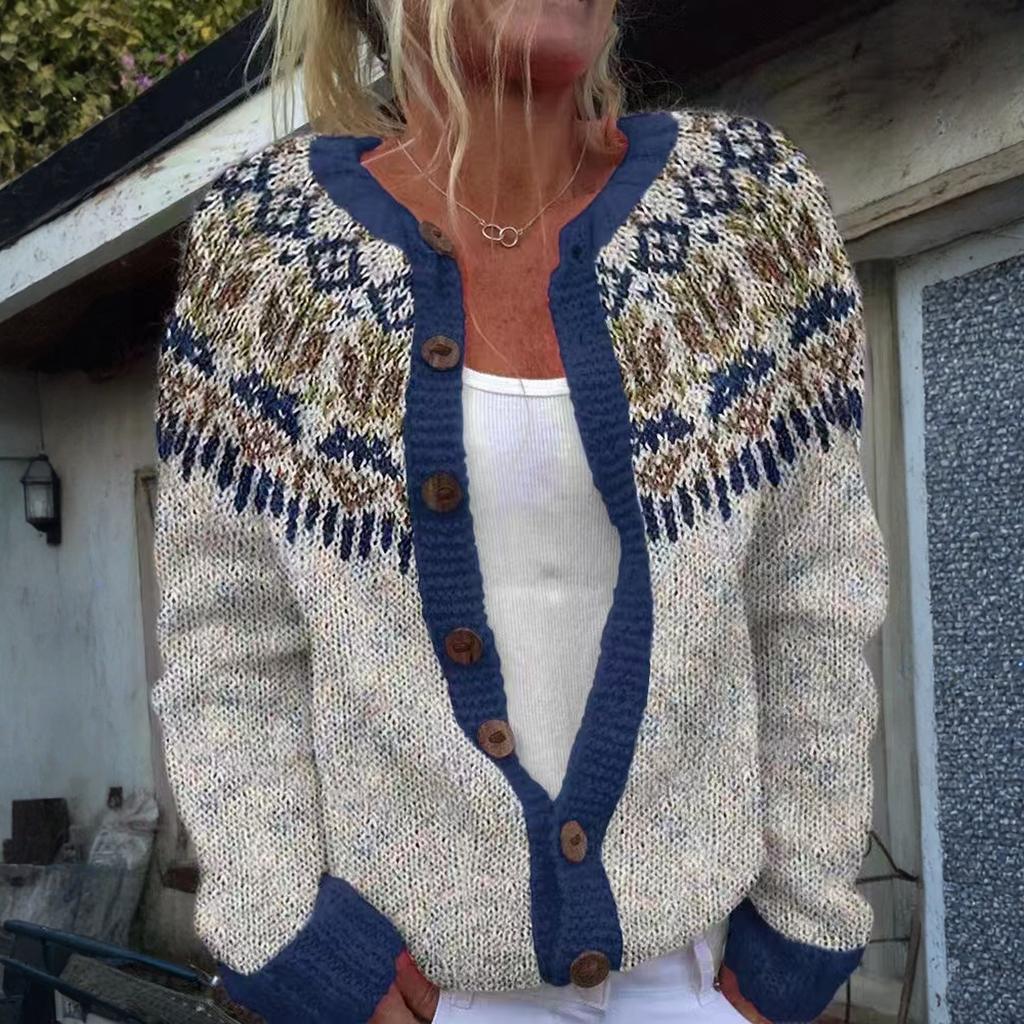 Кардиганы в стиле Fair Isle для женщин, с круглым вырезом, свободного кроя, на пуговицах, объемный свитер, с открытой передней частью, повседневная вязаная куртка на осень