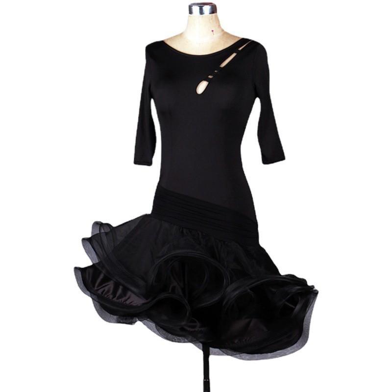 Womens Latin Dance Dress With Cut-Out Round Neck Rumba Cha Samba Costume Stage Performance