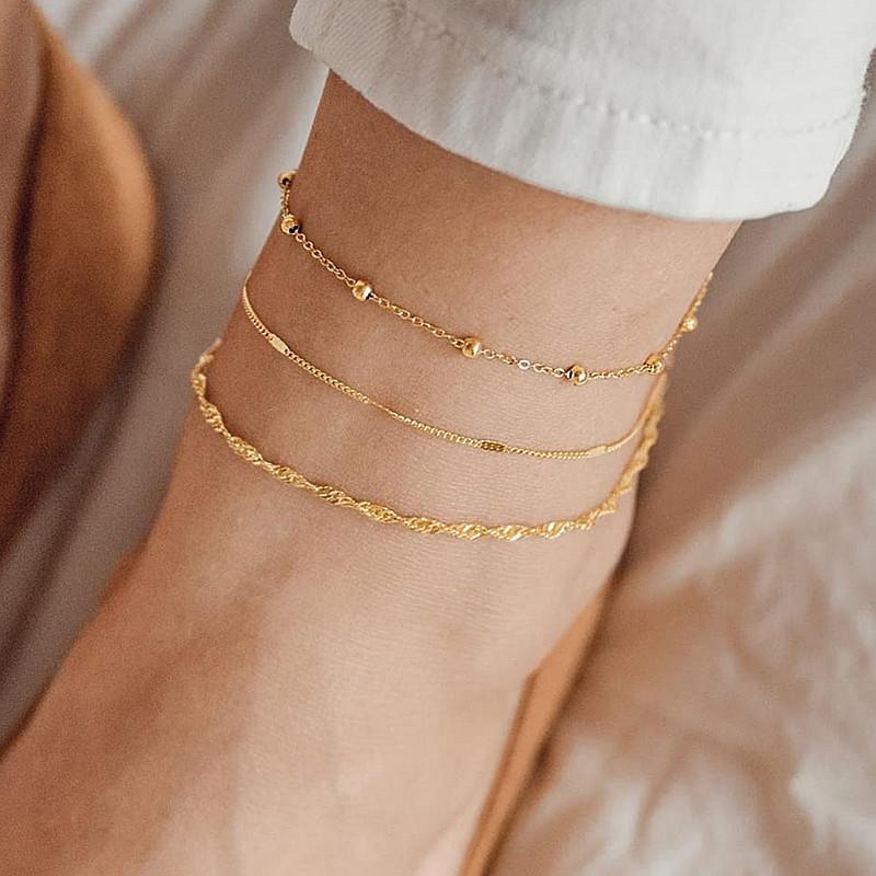 New hot-selling gold-plated three-piece foot decoration women's fashion beach bead chain multi-layer versatile set anklet