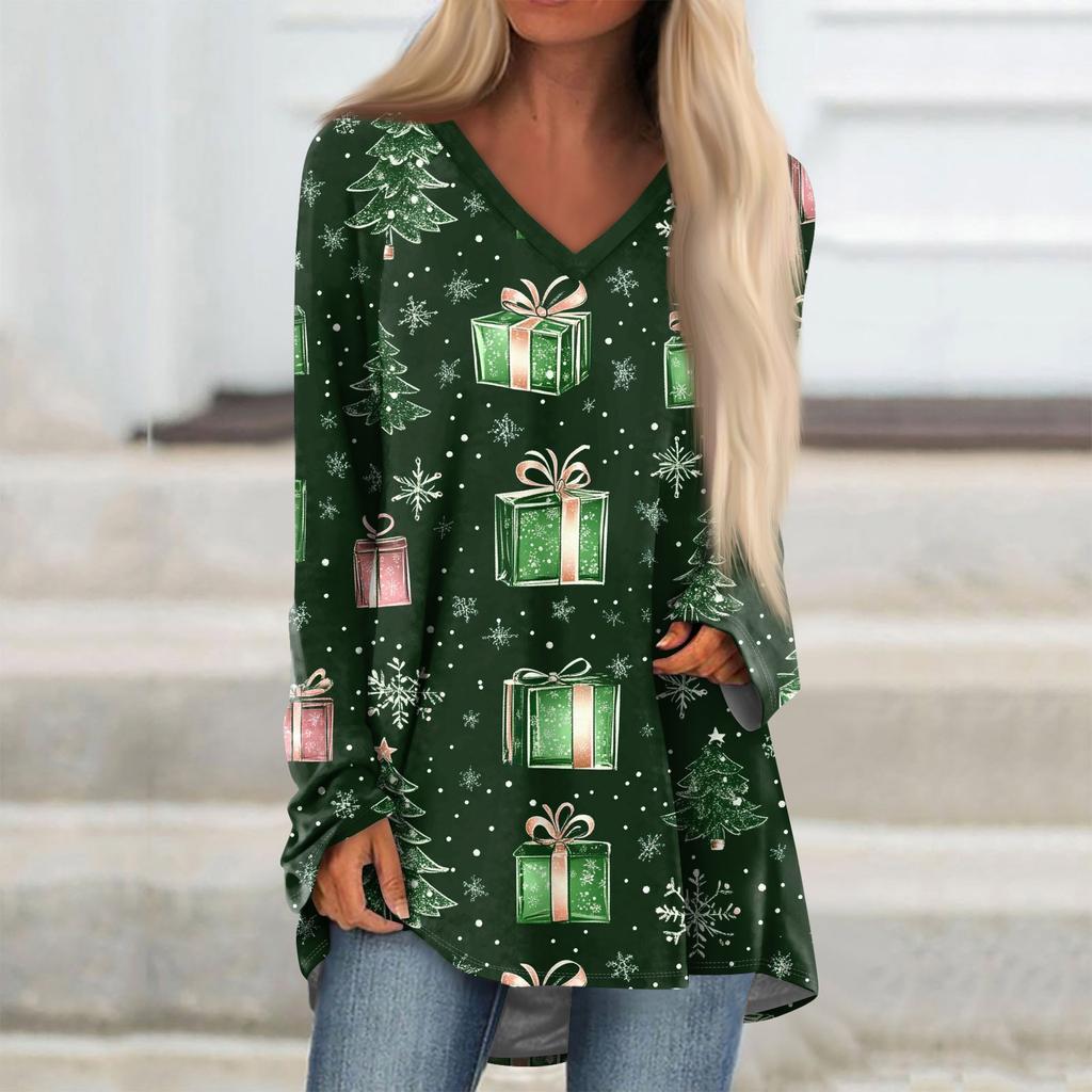 Женская модная повседневная футболка с принтом, длинный рукав, V-образный вырез, топ средней длины