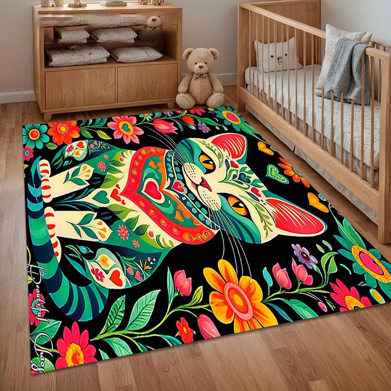 Cute Area Rug Carpet Soft Non Slip Rainbow Shooting Star Cat Floor Mat for Bedroom Living Room Kids Room Home Decor