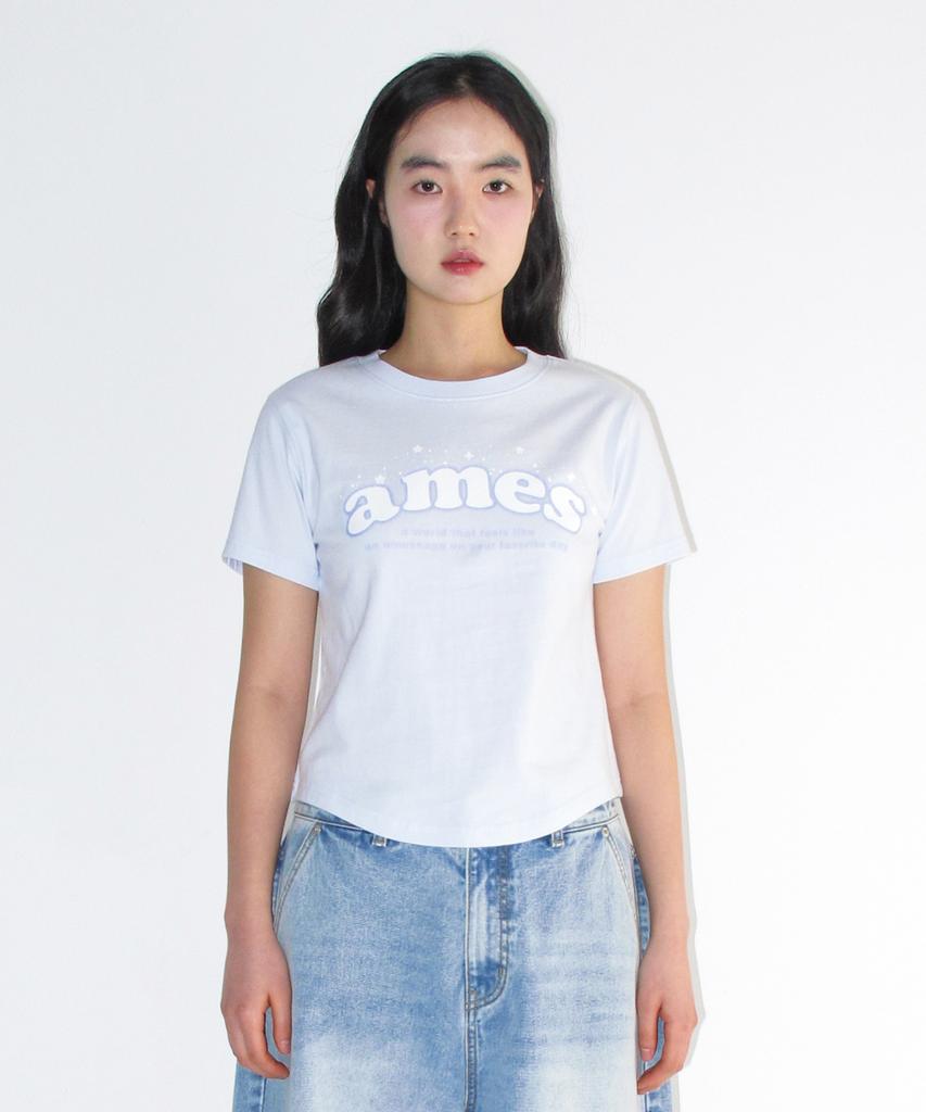 AMES-WORLDWIDE Сияющая кроп-футболка Ames с круглым подолом Синяя