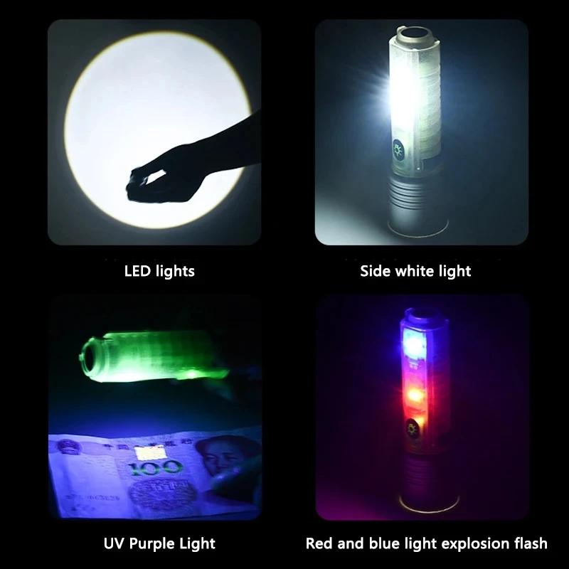 Mini Keychain Flashlight Type-C Fast Charging Multifunction Retractable Waterproof Fluorescent Magnetic Warning Camping Light