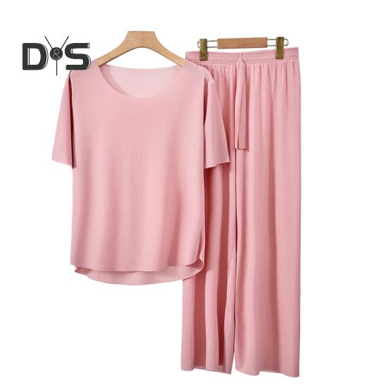 Комплект из 2 предметов: летняя пижама, футболка с коротким рукавом и круглым вырезом, эластичный пояс, длинные брюки, однотонная пижама из ледяного шелка