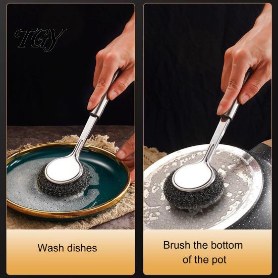 Effective Dish Cleaning Tool Stainless Steel Wool Scrubber with Long Handle, Deep Heavy Ergonomic Dishwashing Brush Duty Kitchen Scrub Brush,