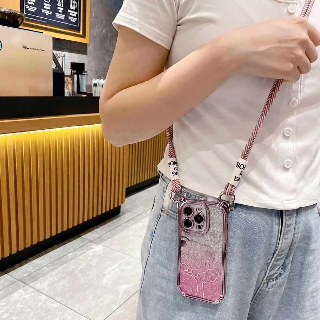 Crossbody Compatible iPhone 14 Case Apple 15 Cute Bear Electroplated Glitter 16 Full Coverage 13 Lanyard Phone Case