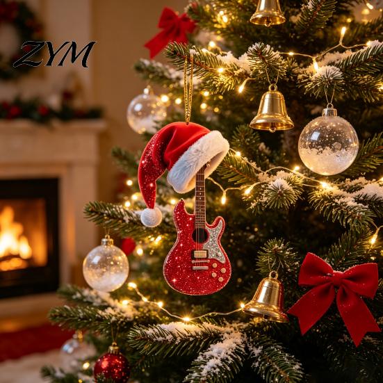 Country Music Lover Gift Red Guitar Christmas Ornament, 2D Flat Acrylic Hanging Pendant with Theme Ornament Santa Hat, Tree Decoration, Holiday