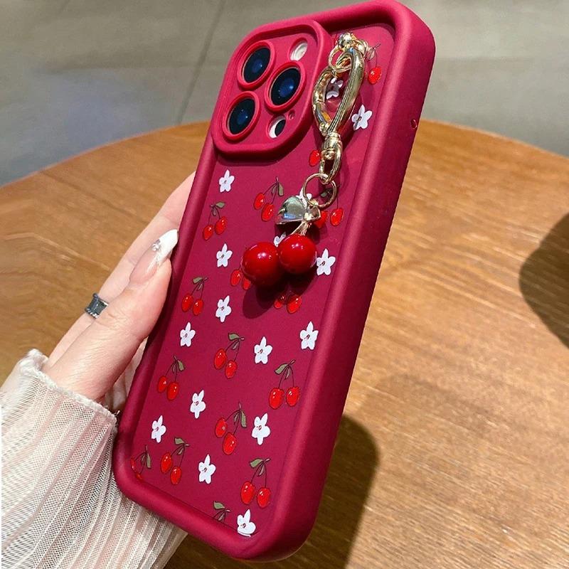 Red Cherry Pattern Silicone Phone Case For 17 16 15 14 13 12 11 Pro Max 17 Air 16E XS X XR 7 8 Plus Cherry Chain Cover