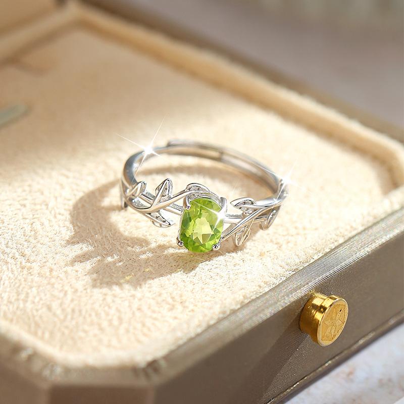 S925 Sterling Silver Natural Crystal Stone Leaf Four-claw Ring Fashion Light Luxury High-end Personality Ring