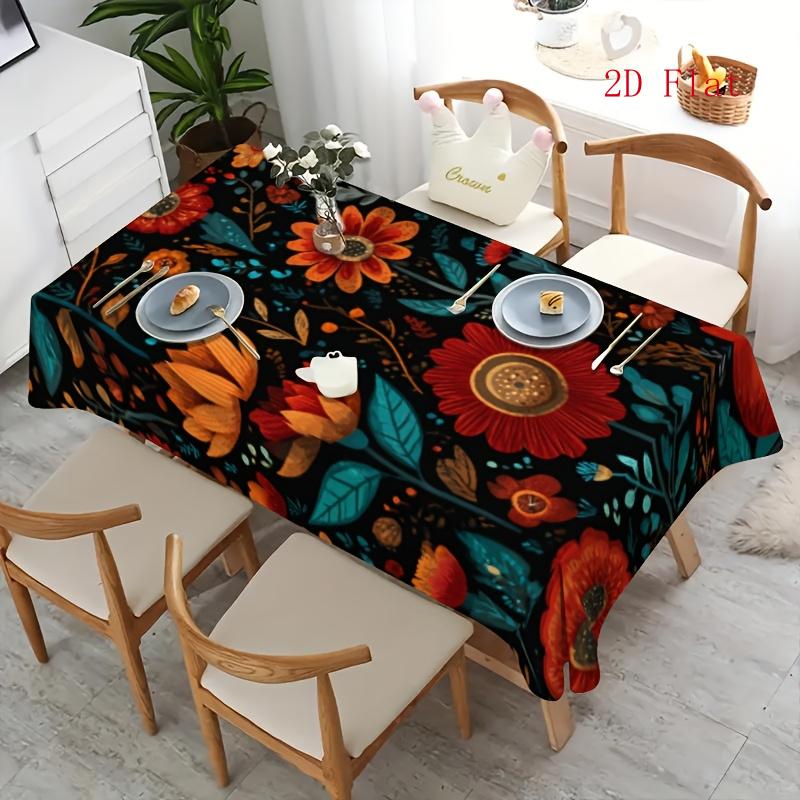 2D Flat 1 Printed Soft And Stylish Aesthetic Tablecloth, Black Base with Red, Orange, And Blue Floral Pattern, Suitable for Dining Tables/Coffee Table