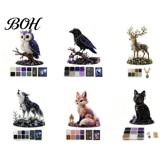 Stress-free Craft Kit DIY Beading Material Pack, 3D Mythic Forest Series Complete Beginner with High Acrylic And Glass Beads Gloss Beads, Cat Fox Wolf