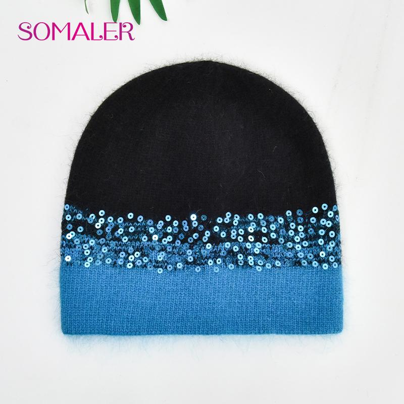 SOMALER Зимние шапки для женщин Теплая вязаная шапка из ангоры Модная шапка-бини с пайетками Толстая длинная шапка-ушанка из кроличьего меха