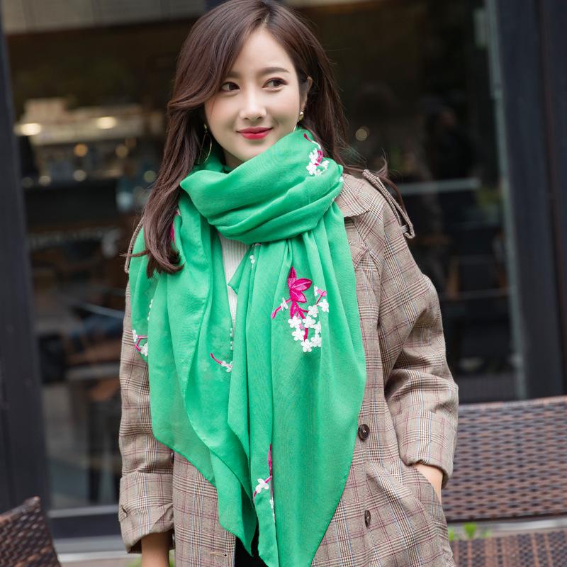 Spring And Summer Ethnic Style Flower Embroidery Silk Scarf Travel Cotton And Linen Embroidery Scarf Women'S Long Shawl
