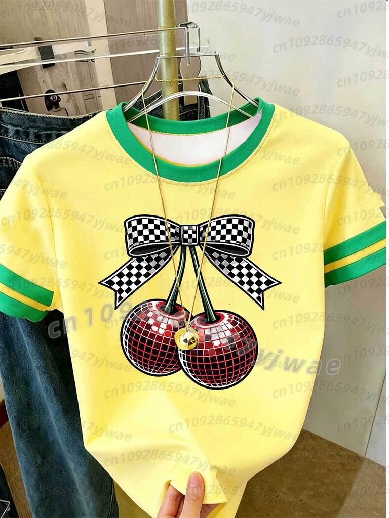 2026 Womens Short Sleeve Color-Block bow disco cherry print Y2k T Shirt Girl Round Neck Tee Outdoor Sports Adult Women's T-Shirt