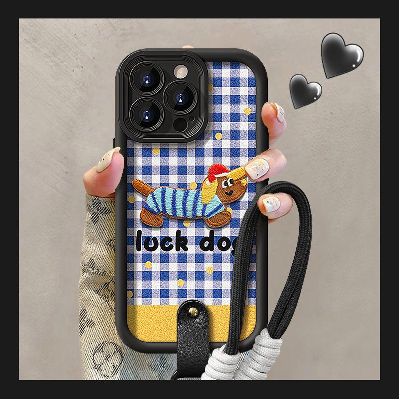 Синий сетчатый вышитый шнурок с щенком, подходит для мобильного чехла Apple 15 IPhone 14PRO, овечья кожа 13 Maillard 7/8